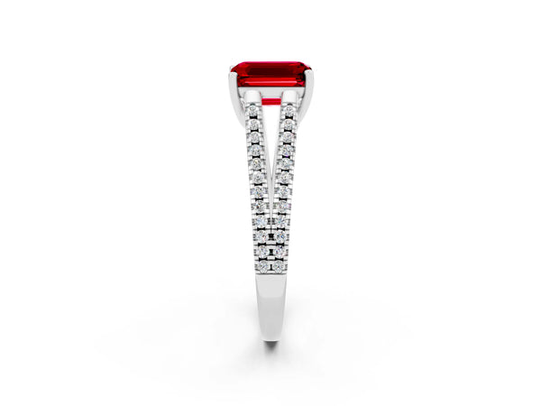 Silver Emerald Cut Ruby Solitaire Engagement Ring with Split Shank Pavé Band