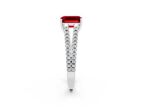 White gold Emerald Cut Ruby Solitaire Engagement Ring with Split Shank Pavé Band_2