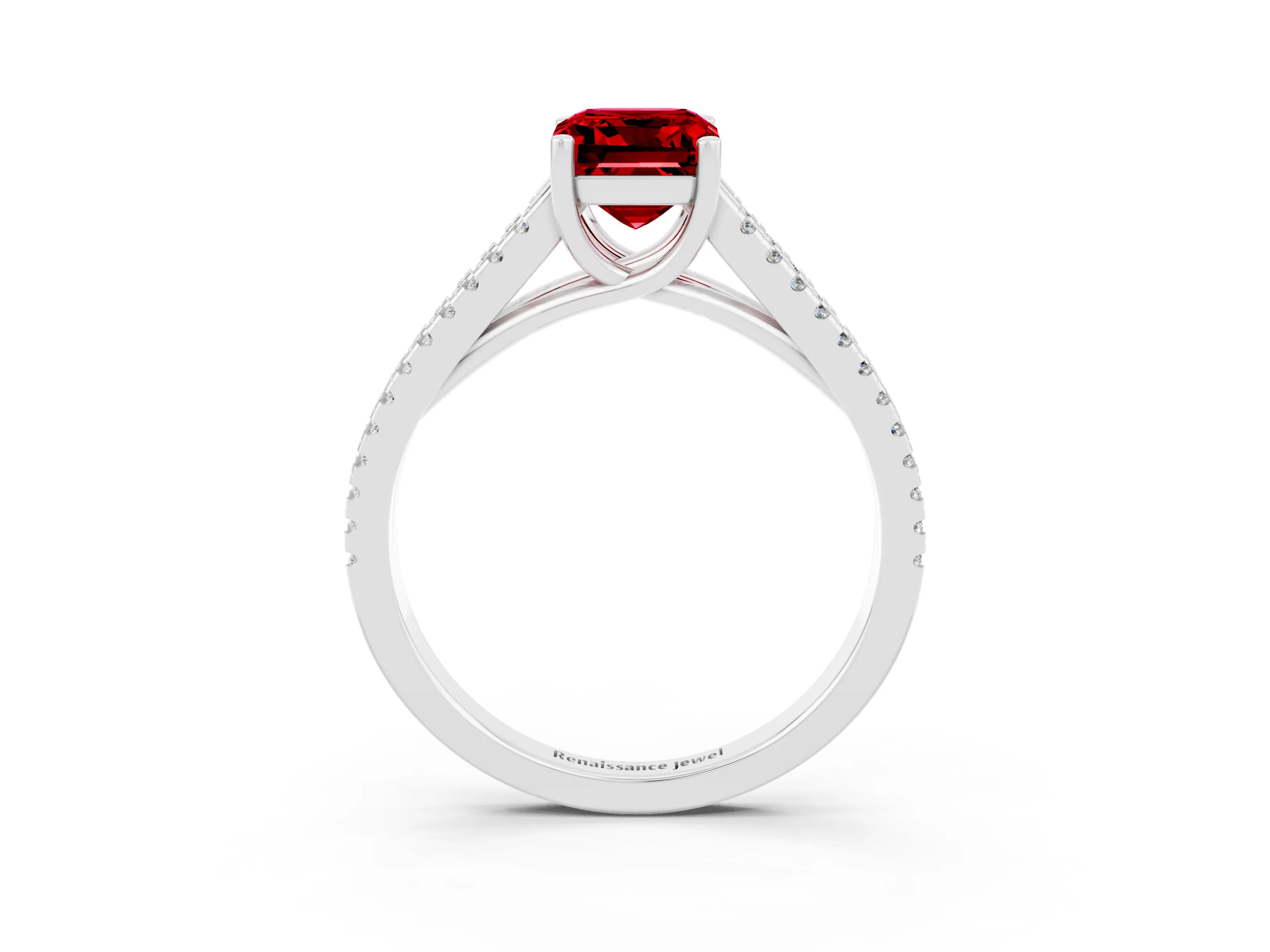 White gold Emerald Cut Ruby Solitaire Engagement Ring with Split Shank Pavé Band_3