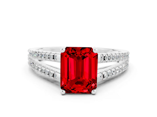 White gold Emerald Cut Ruby Solitaire Engagement Ring with Split Shank Pavé Band
