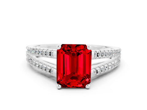 White gold Emerald Cut Ruby Solitaire Engagement Ring with Split Shank Pavé Band