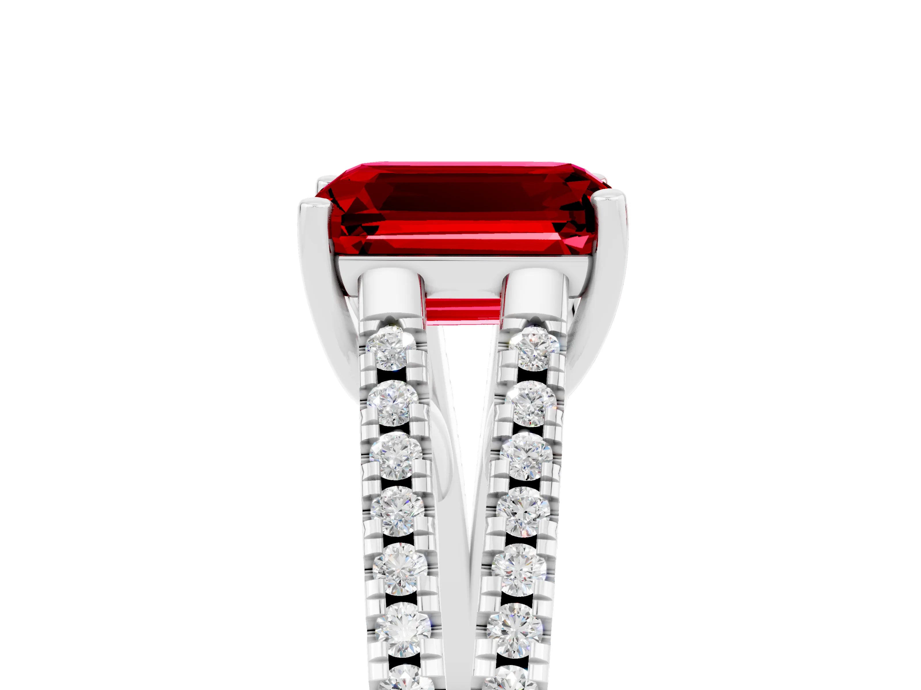 White gold Emerald Cut Ruby Solitaire Engagement Ring with Split Shank Pavé Band_5