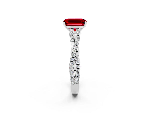 Silver Emerald Cut Ruby Solitaire Engagement Ring with Twisted Pavé Band and Four-Prong Setting
