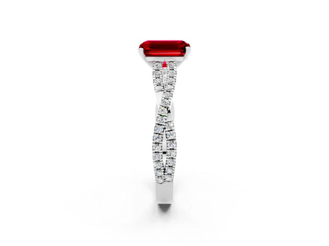 White gold Emerald Cut Ruby Solitaire Engagement Ring with Twisted Pavé Band and Four-Prong Setting_2