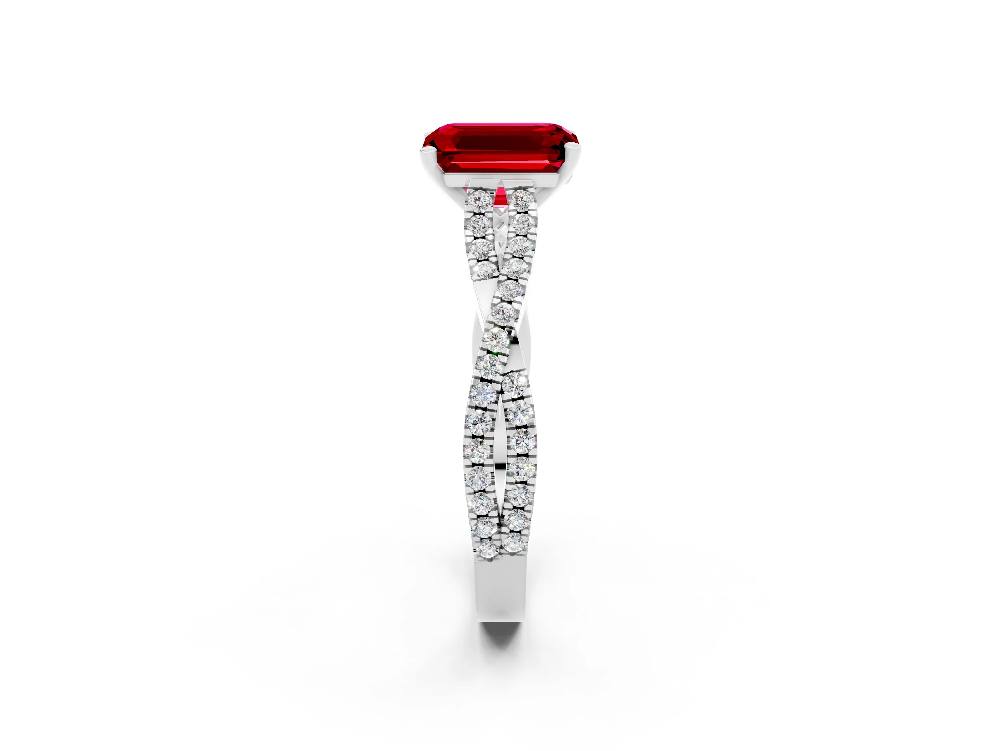 White gold Emerald Cut Ruby Solitaire Engagement Ring with Twisted Pavé Band and Four-Prong Setting_2