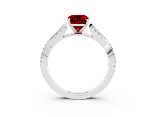 Platinum Emerald Cut Ruby Solitaire Engagement Ring with Twisted Pavé Band and Four-Prong Setting