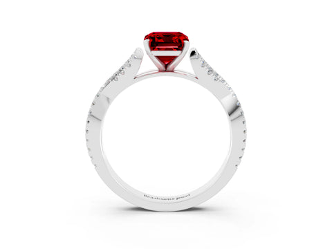 White gold Emerald Cut Ruby Solitaire Engagement Ring with Twisted Pavé Band and Four-Prong Setting_3