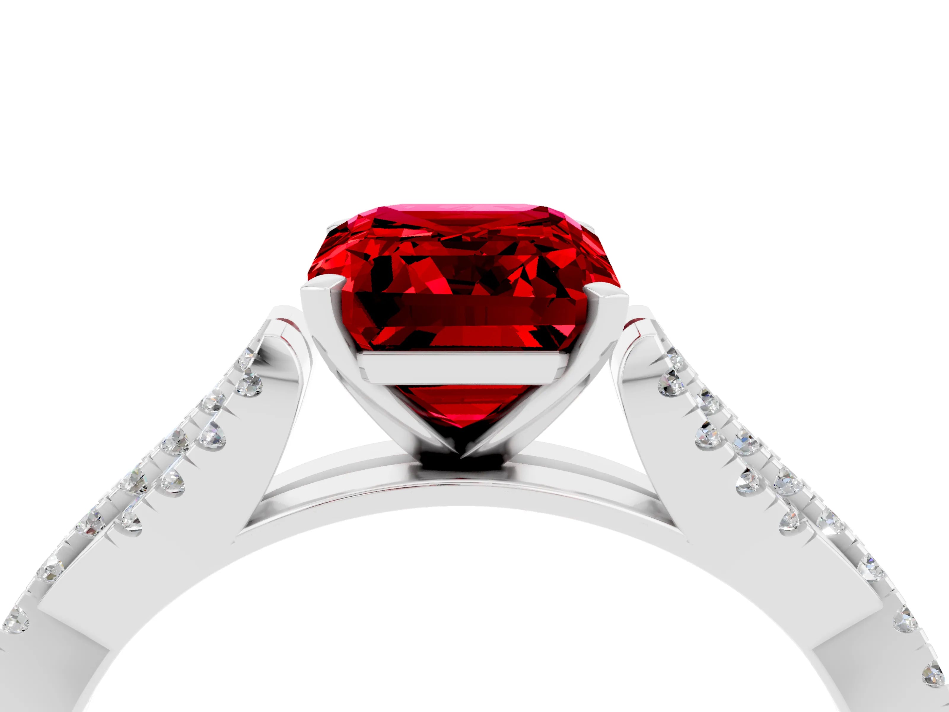 White gold Emerald Cut Ruby Solitaire Engagement Ring with Twisted Pavé Band and Four-Prong Setting_4