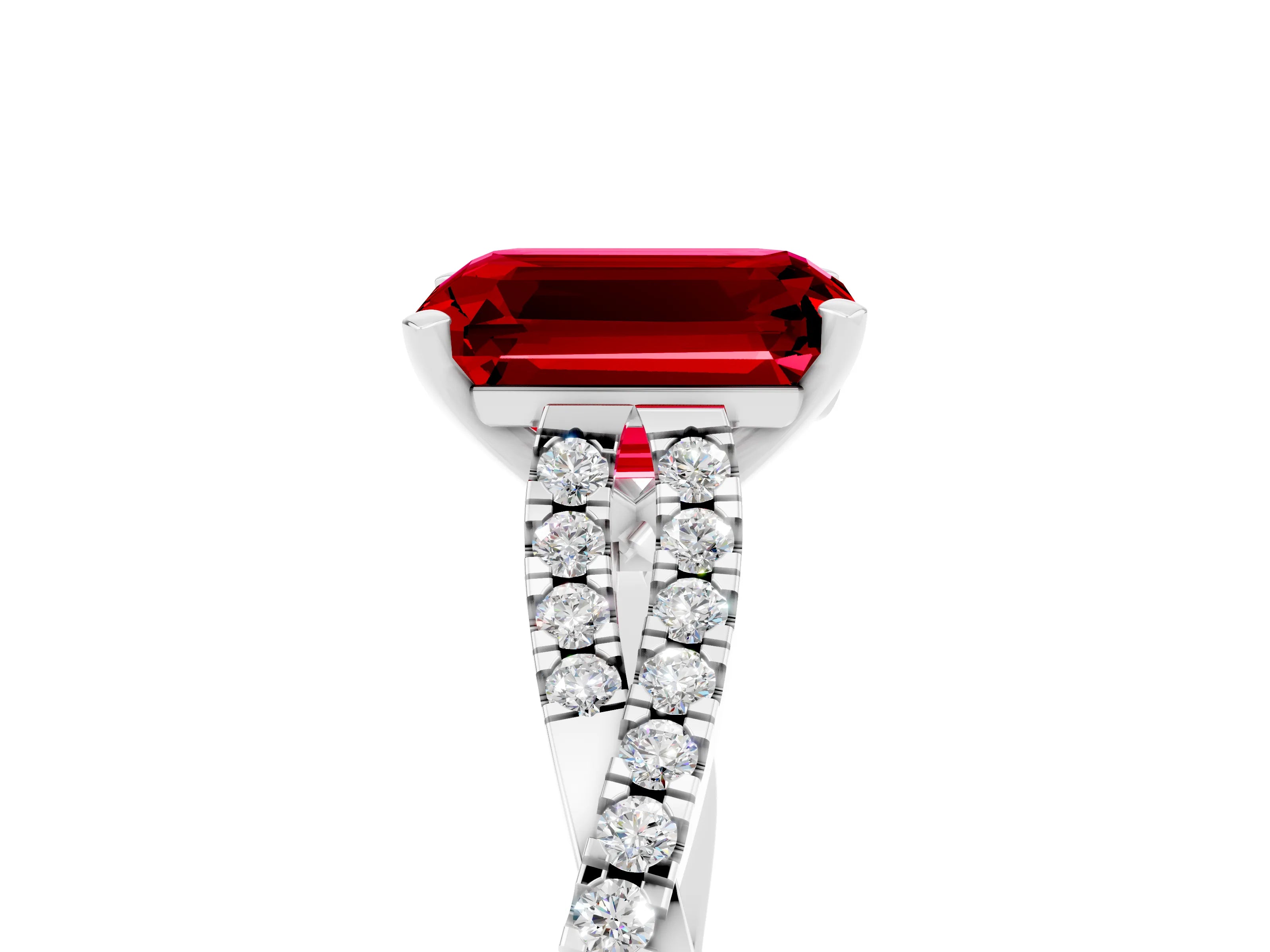 White gold Emerald Cut Ruby Solitaire Engagement Ring with Twisted Pavé Band and Four-Prong Setting_5