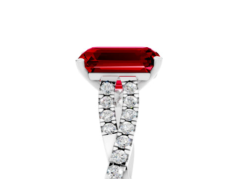 White gold Emerald Cut Ruby Solitaire Engagement Ring with Twisted Pavé Band and Four-Prong Setting_5