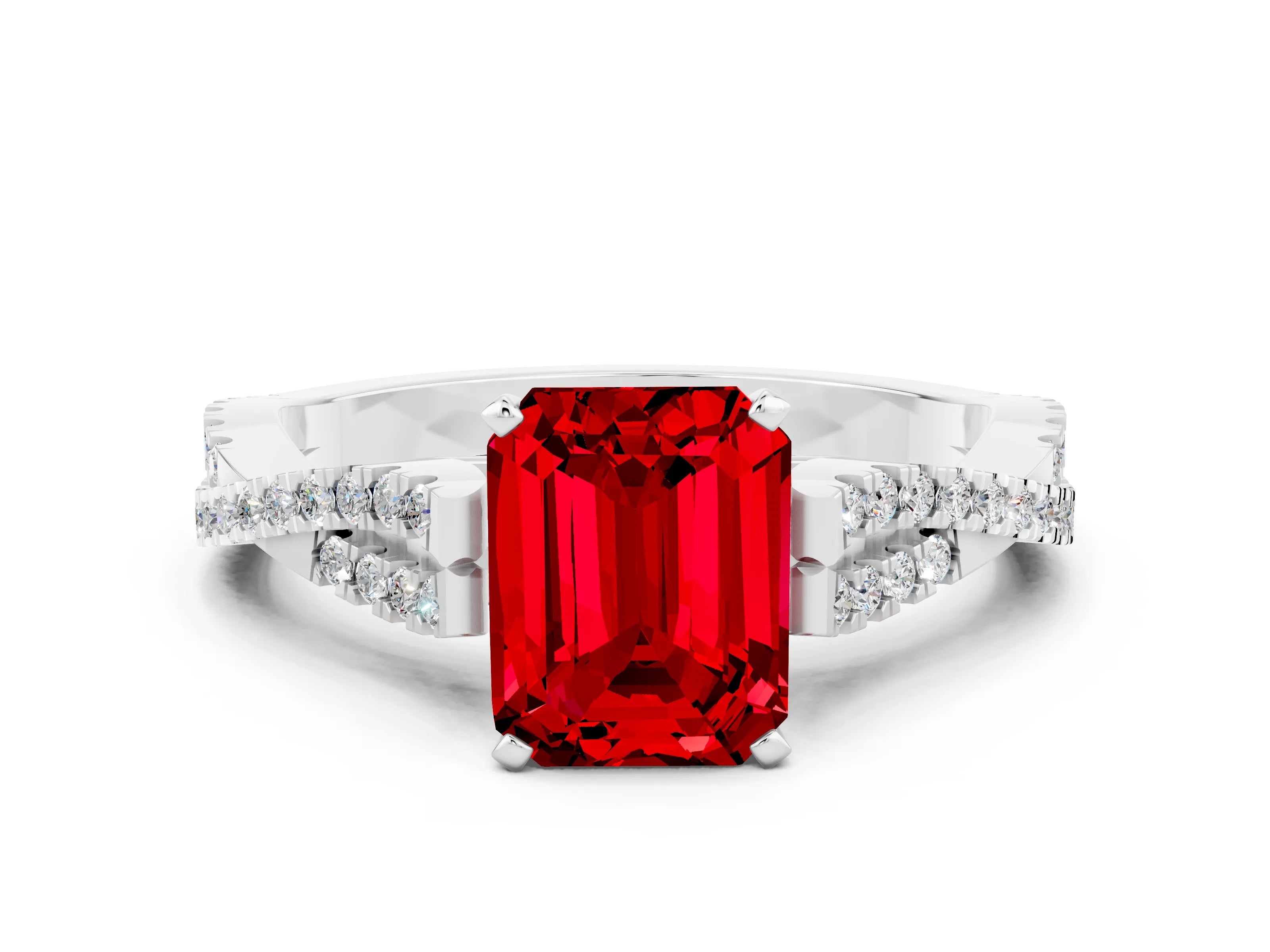 White gold Emerald Cut Ruby Solitaire Engagement Ring with Twisted Pavé Band and Four-Prong Setting