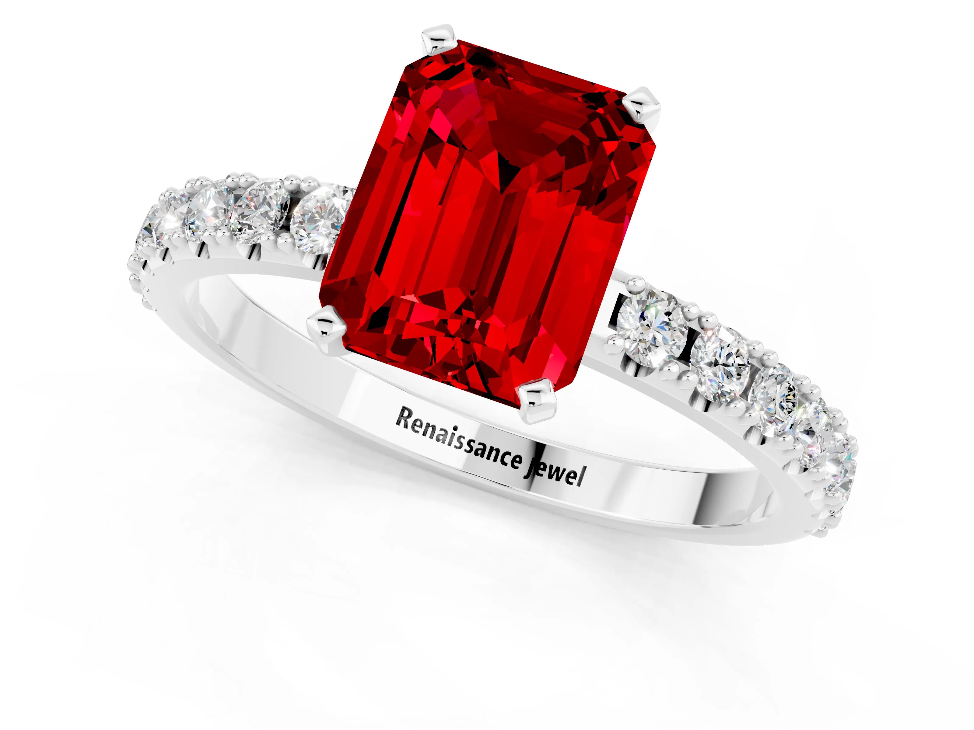 White gold Emerald Cut Ruby Solitaire Pavé Band with Four-Prong Setting_1
