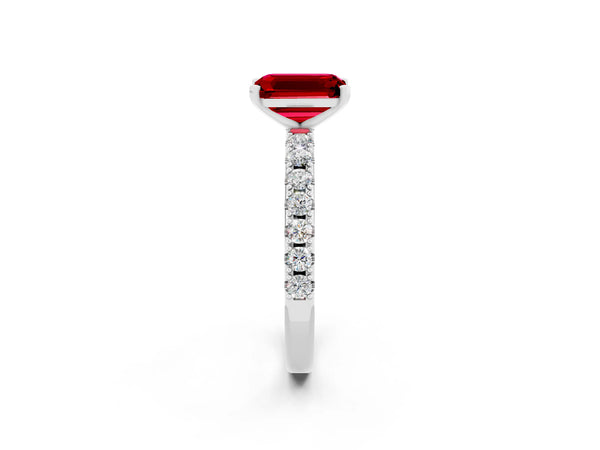 Silver Emerald Cut Ruby Solitaire Pavé Band with Four-Prong Setting