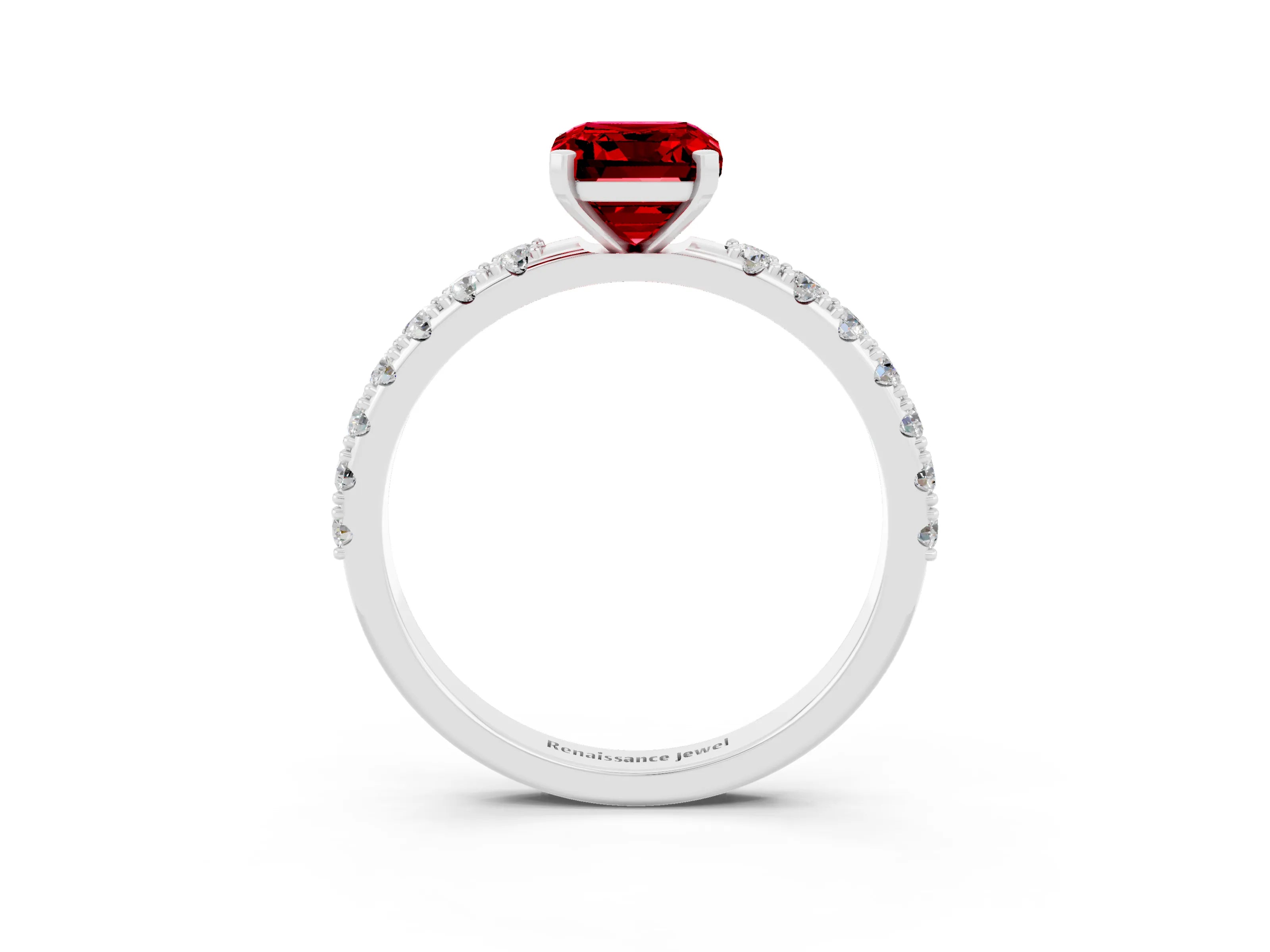 White gold Emerald Cut Ruby Solitaire Pavé Band with Four-Prong Setting_3