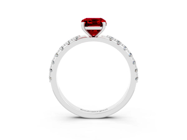 White gold Emerald Cut Ruby Solitaire Pavé Band with Four-Prong Setting