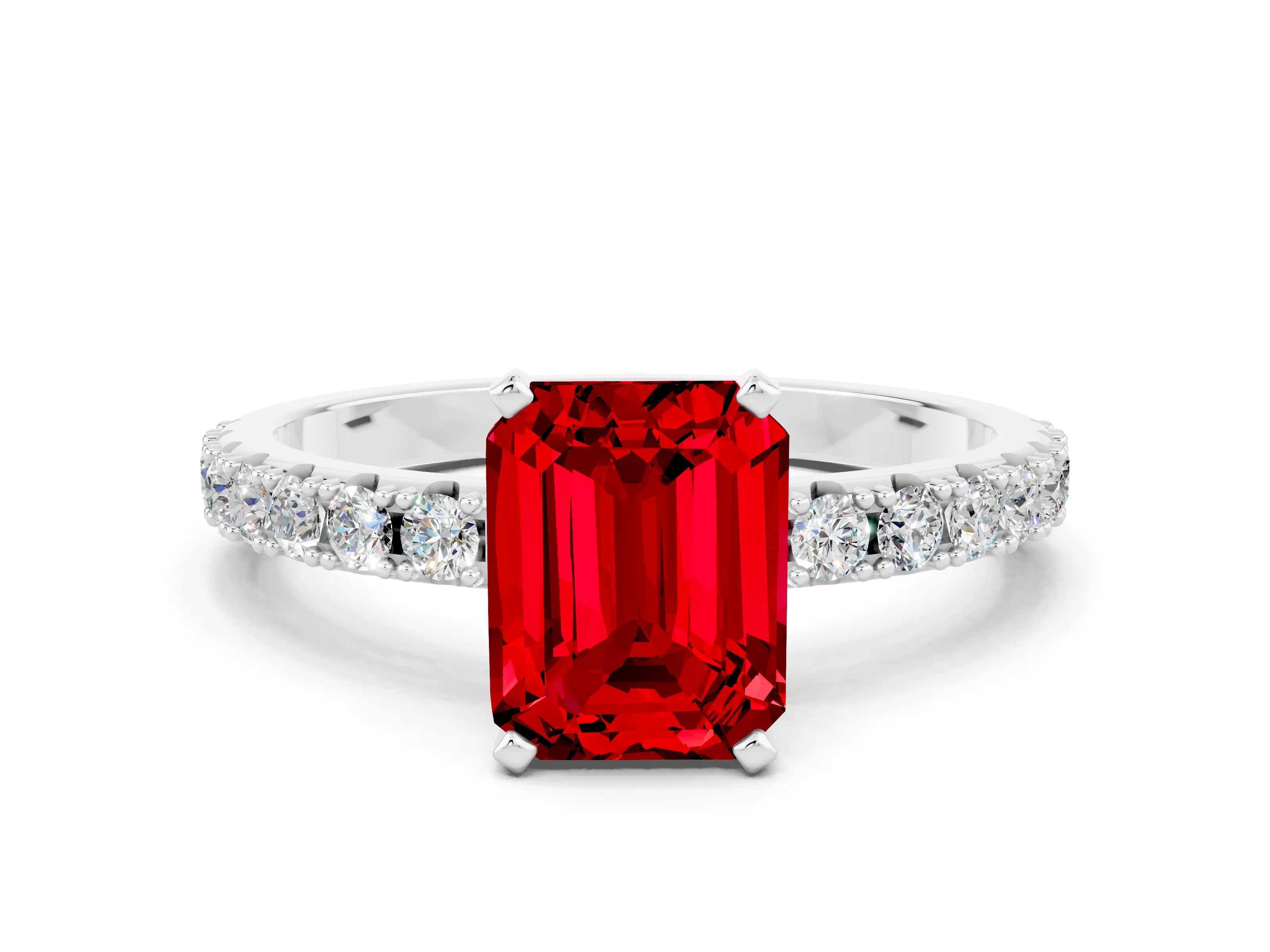 White gold Emerald Cut Ruby Solitaire Pavé Band with Four-Prong Setting