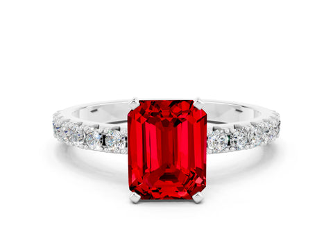 White gold Emerald Cut Ruby Solitaire Pavé Band with Four-Prong Setting