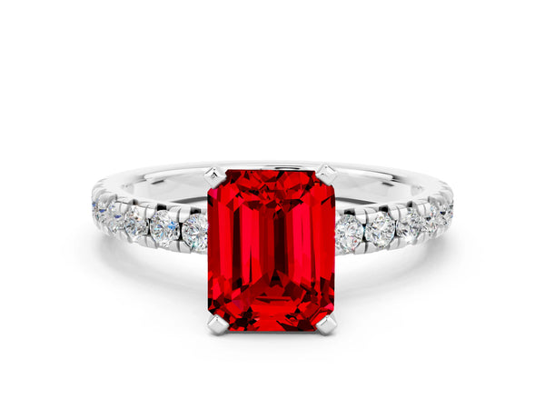 Platinum Emerald Cut Ruby Solitaire Pavé Engagement Ring with Round Band and Prong Setting