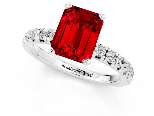 Platinum Emerald Cut Ruby Solitaire Pavé Engagement Ring with Round Band and Prong Setting
