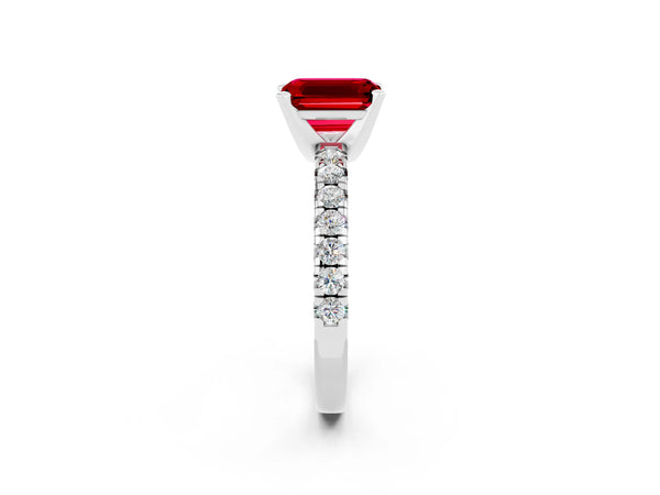 Platinum Emerald Cut Ruby Solitaire Pavé Engagement Ring with Round Band and Prong Setting