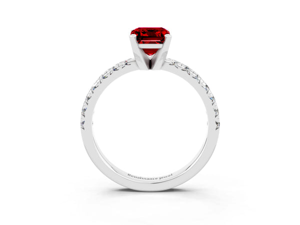 White gold Emerald Cut Ruby Solitaire Pavé Engagement Ring with Round Band and Prong Setting