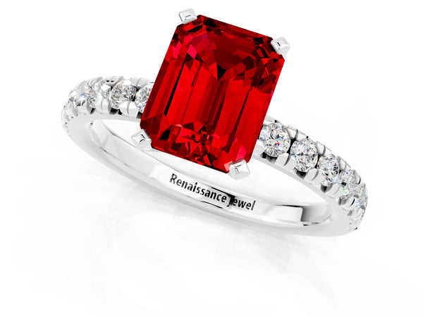 Silver Emerald Cut Ruby Solitaire Pavé Engagement Ring with Round Band and Prong Setting