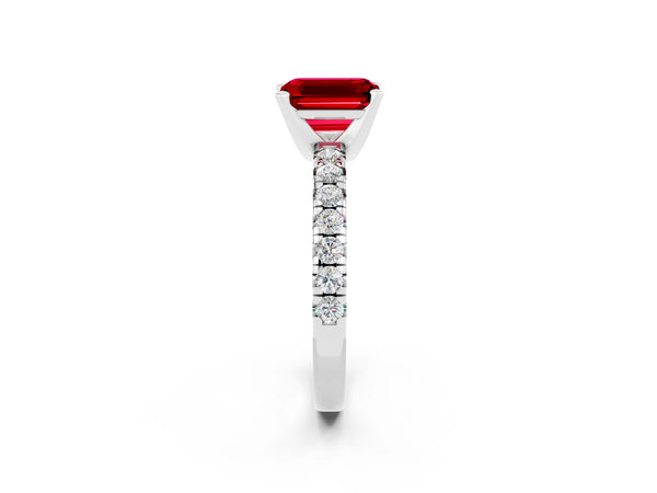 Platinum Emerald Cut Ruby Solitaire Pavé Engagement Ring with Round Band and Prong Setting