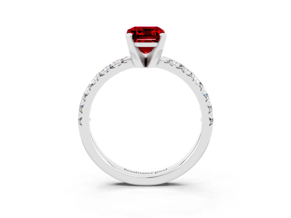 White gold Emerald Cut Ruby Solitaire Pavé Engagement Ring with Round Band and Prong Setting