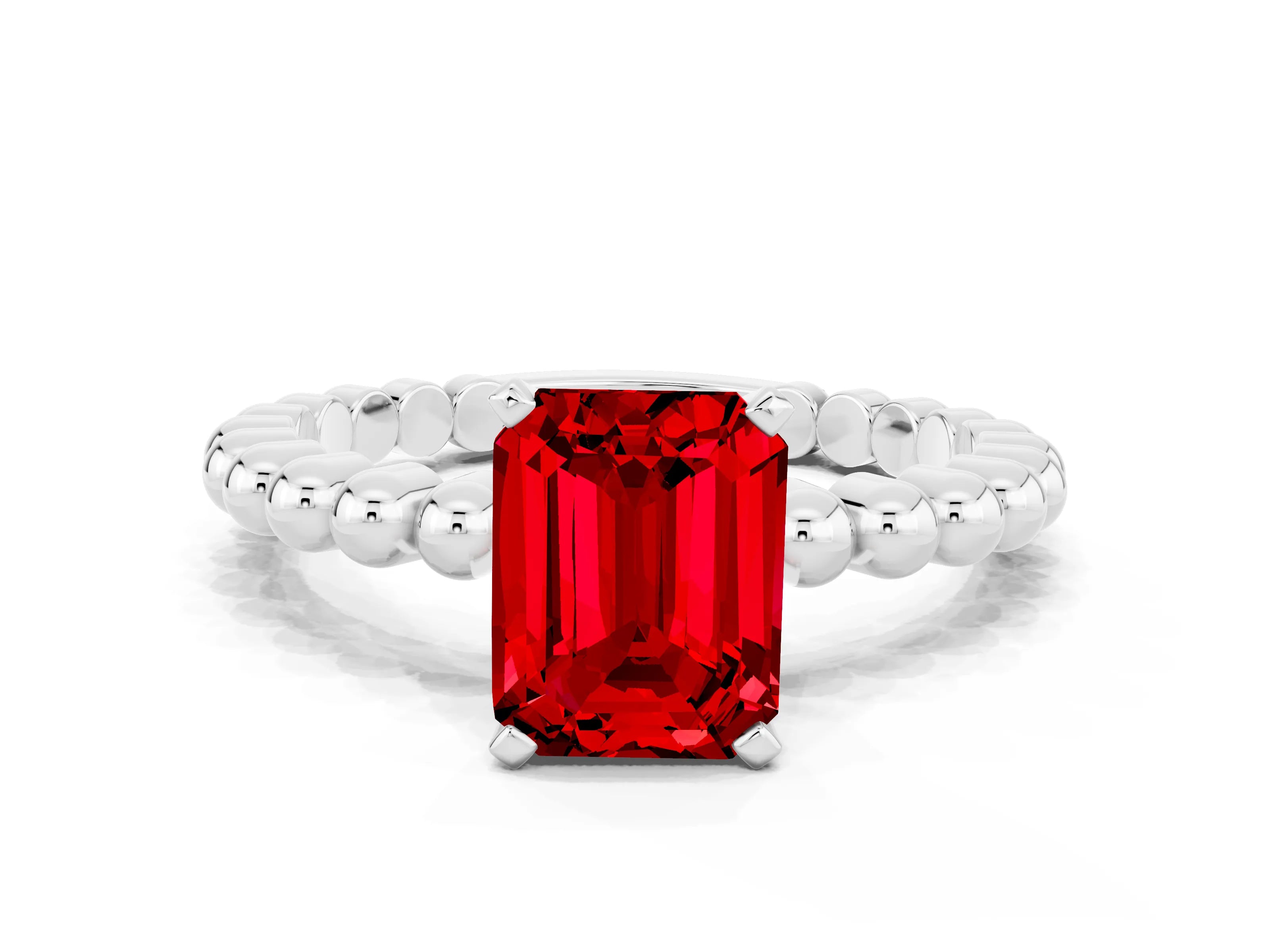 White gold Emerald Cut Ruby Solitaire Ring with Beaded Band and Prong Setting_36