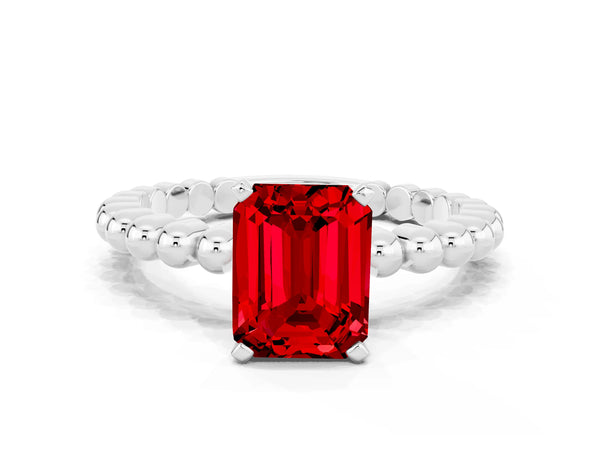 Silver Emerald Cut Ruby Solitaire Ring with Beaded Band and Prong Setting