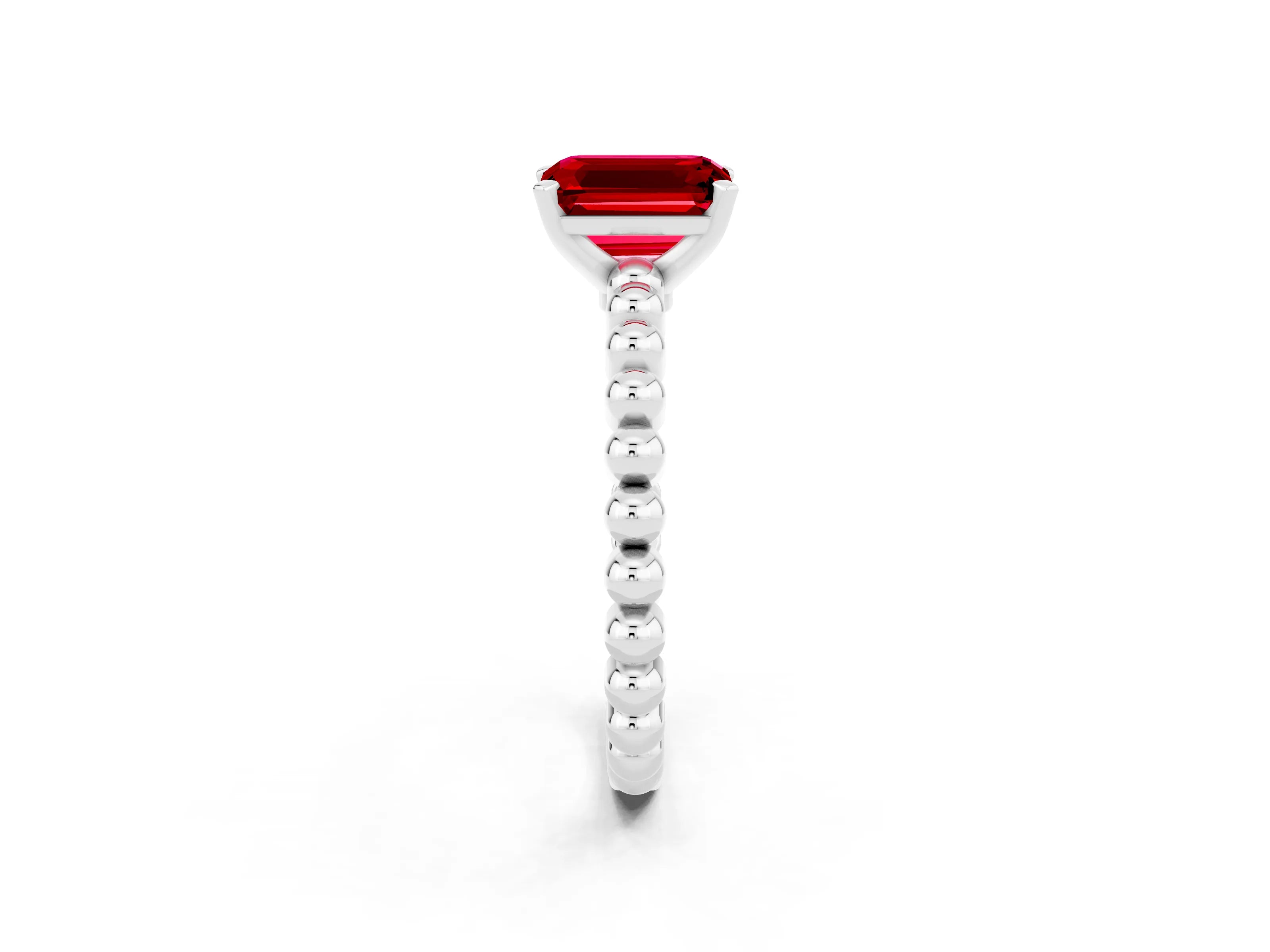 White gold Emerald Cut Ruby Solitaire Ring with Beaded Band and Prong Setting_38