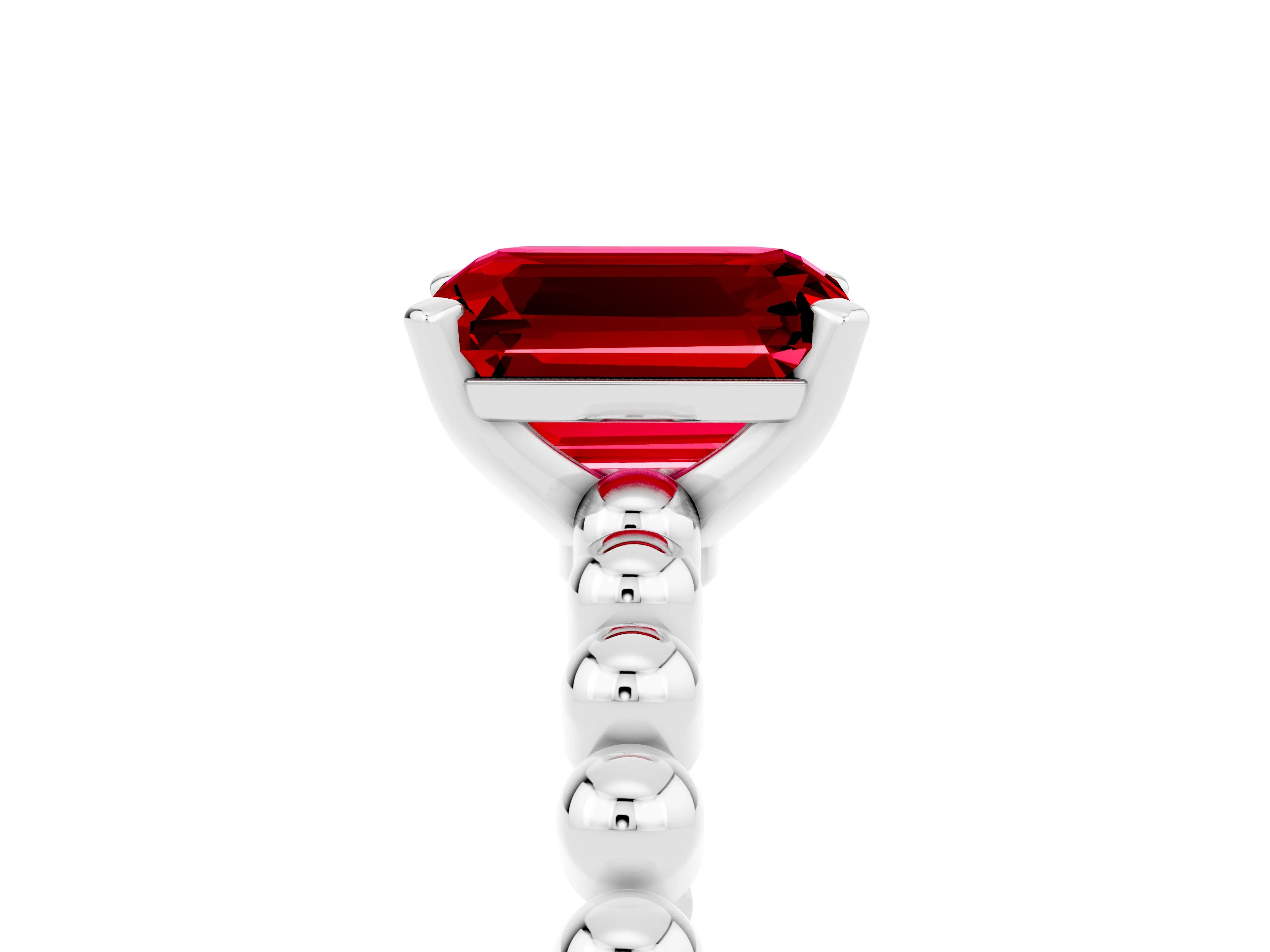 White gold Emerald Cut Ruby Solitaire Ring with Beaded Band and Prong Setting_41