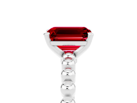 White gold Emerald Cut Ruby Solitaire Ring with Beaded Band and Prong Setting_41