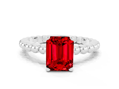 White gold Emerald Cut Ruby Solitaire Ring with Beaded Band and Prong Setting_46