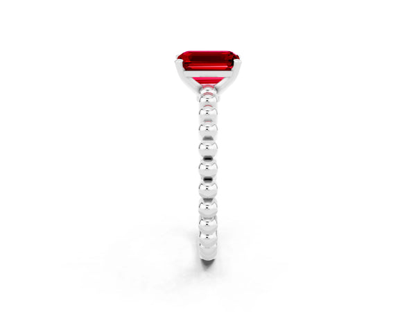 White gold Emerald Cut Ruby Solitaire Ring with Beaded Band and Prong Setting