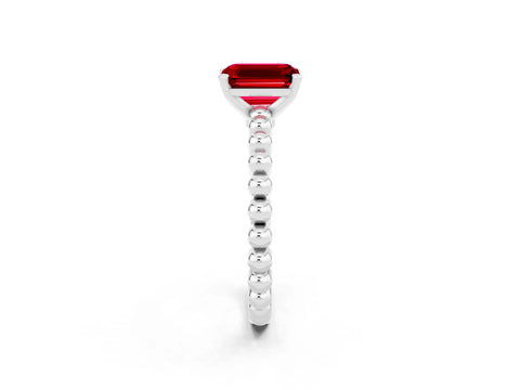 White gold Emerald Cut Ruby Solitaire Ring with Beaded Band and Prong Setting_48