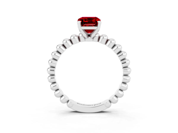 White gold Emerald Cut Ruby Solitaire Ring with Beaded Band and Prong Setting