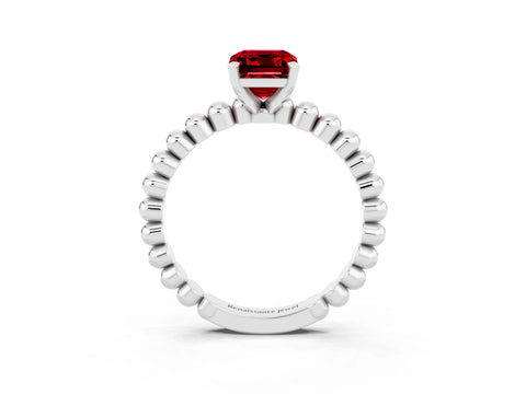 White gold Emerald Cut Ruby Solitaire Ring with Beaded Band and Prong Setting_49