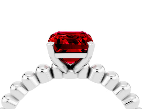 White gold Emerald Cut Ruby Solitaire Ring with Beaded Band and Prong Setting_50
