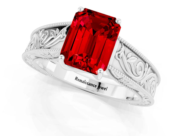 Silver Emerald Cut Ruby Solitaire Ring with Engraved Band and Four-Prong Setting