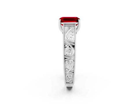 White gold Emerald Cut Ruby Solitaire Ring with Engraved Band and Four-Prong Setting_2
