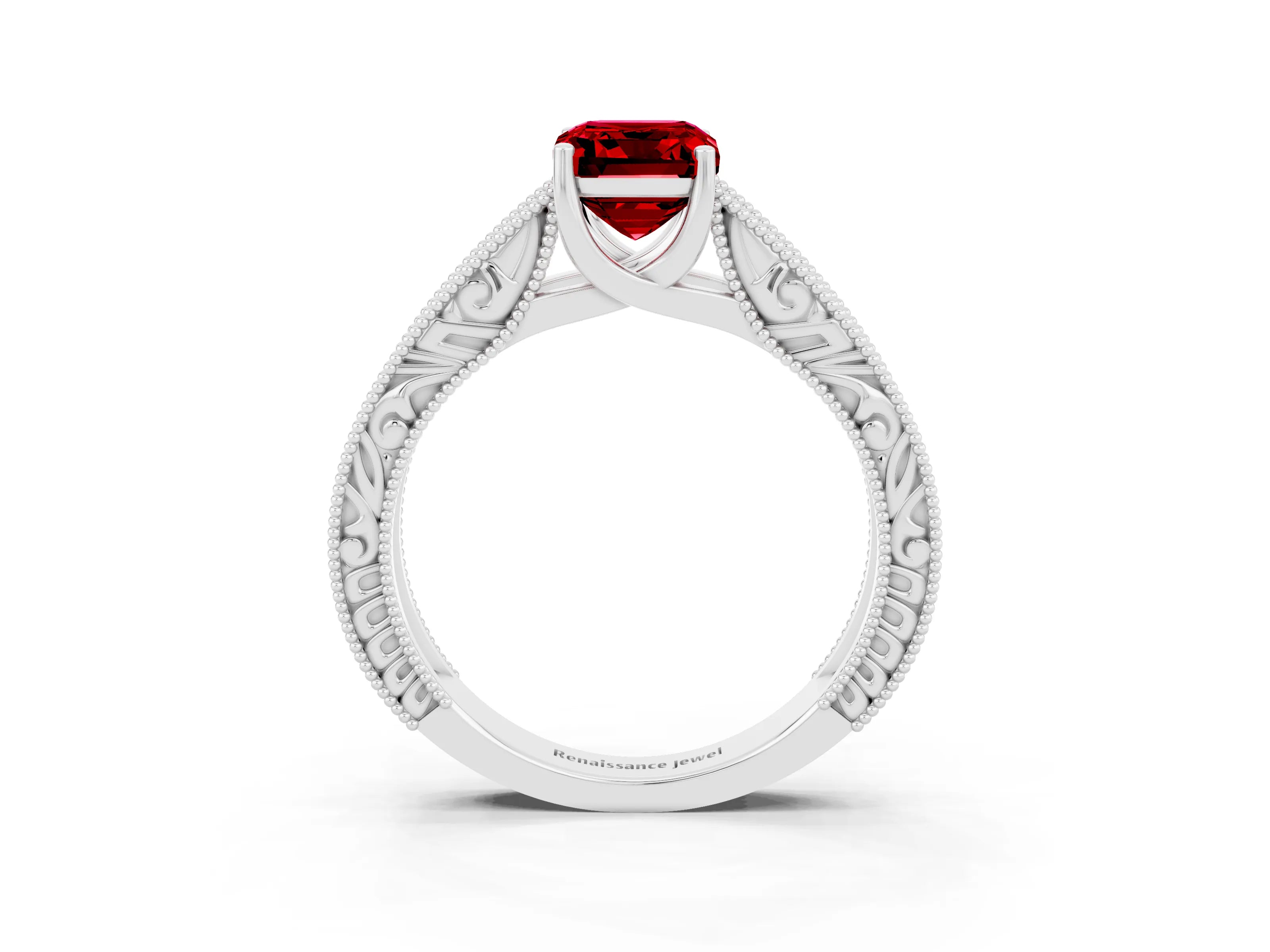 White gold Emerald Cut Ruby Solitaire Ring with Engraved Band and Four-Prong Setting_3