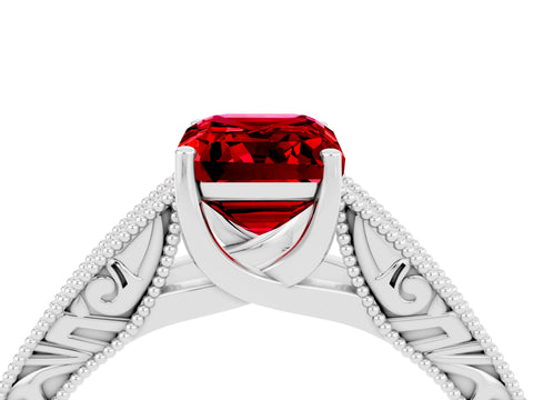 White gold Emerald Cut Ruby Solitaire Ring with Engraved Band and Four-Prong Setting_4