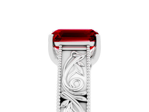 White gold Emerald Cut Ruby Solitaire Ring with Engraved Band and Four-Prong Setting_5