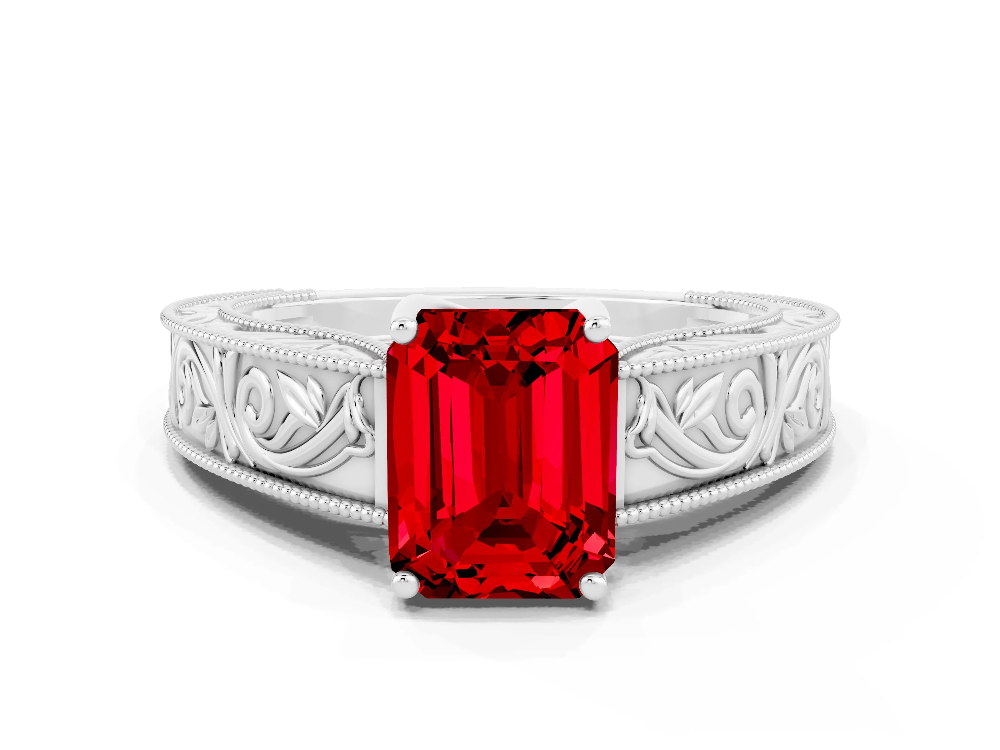 White gold Emerald Cut Ruby Solitaire Ring with Engraved Band and Four-Prong Setting