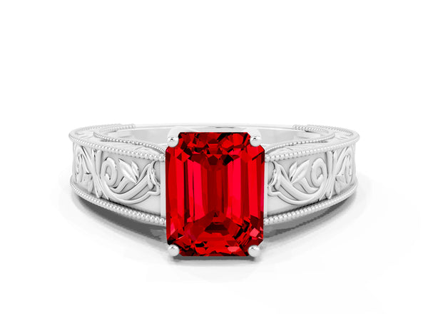 Silver Emerald Cut Ruby Solitaire Ring with Engraved Band and Four-Prong Setting