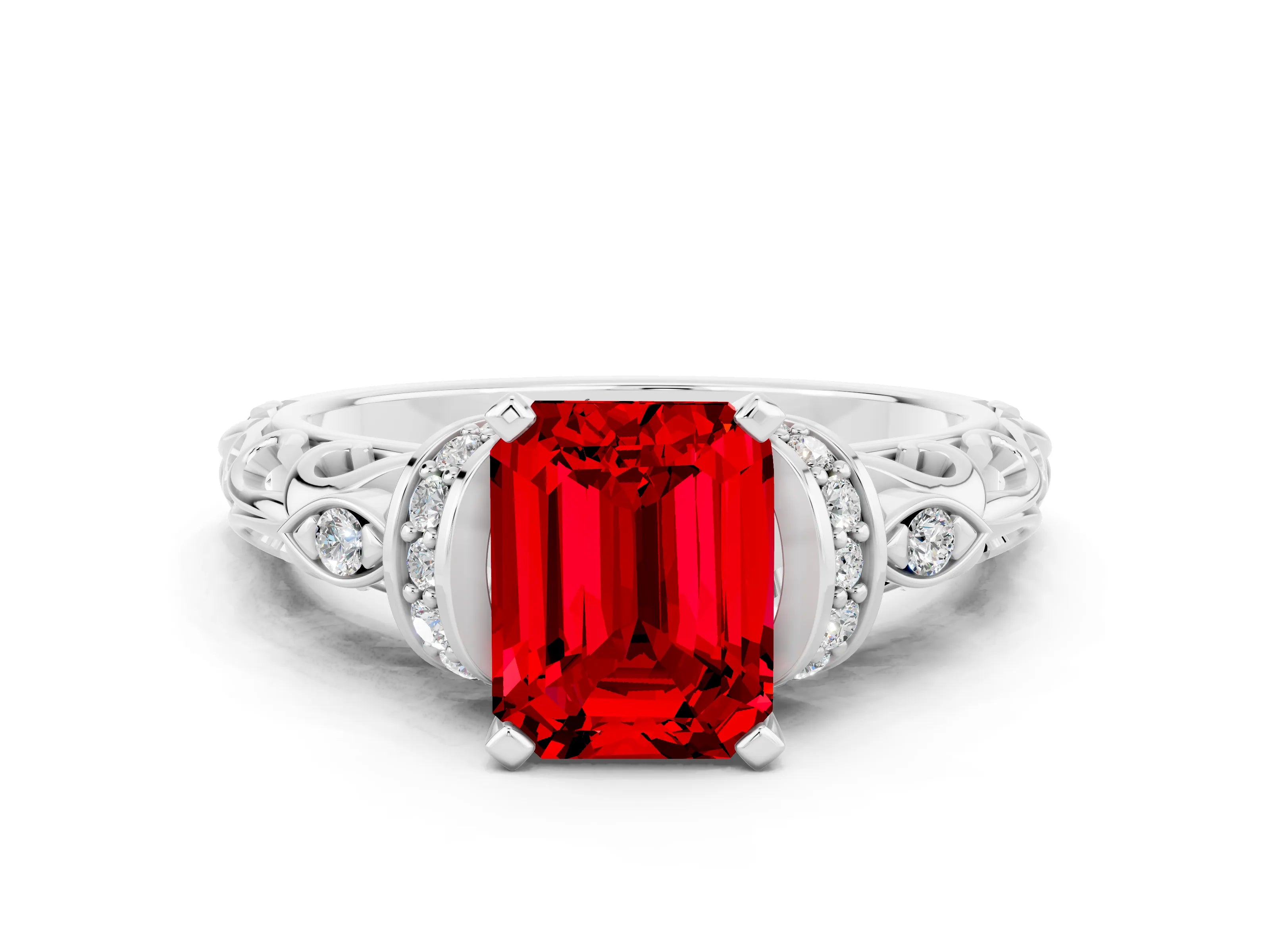 White gold Emerald Cut Ruby Solitaire Ring with Filigree Band and Four-Prong Setting_45
