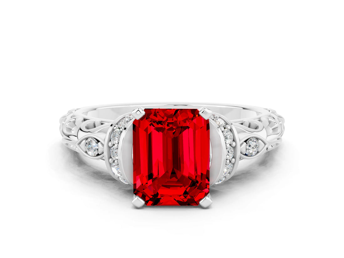 White gold Emerald Cut Ruby Solitaire Ring with Filigree Band and Four-Prong Setting_48