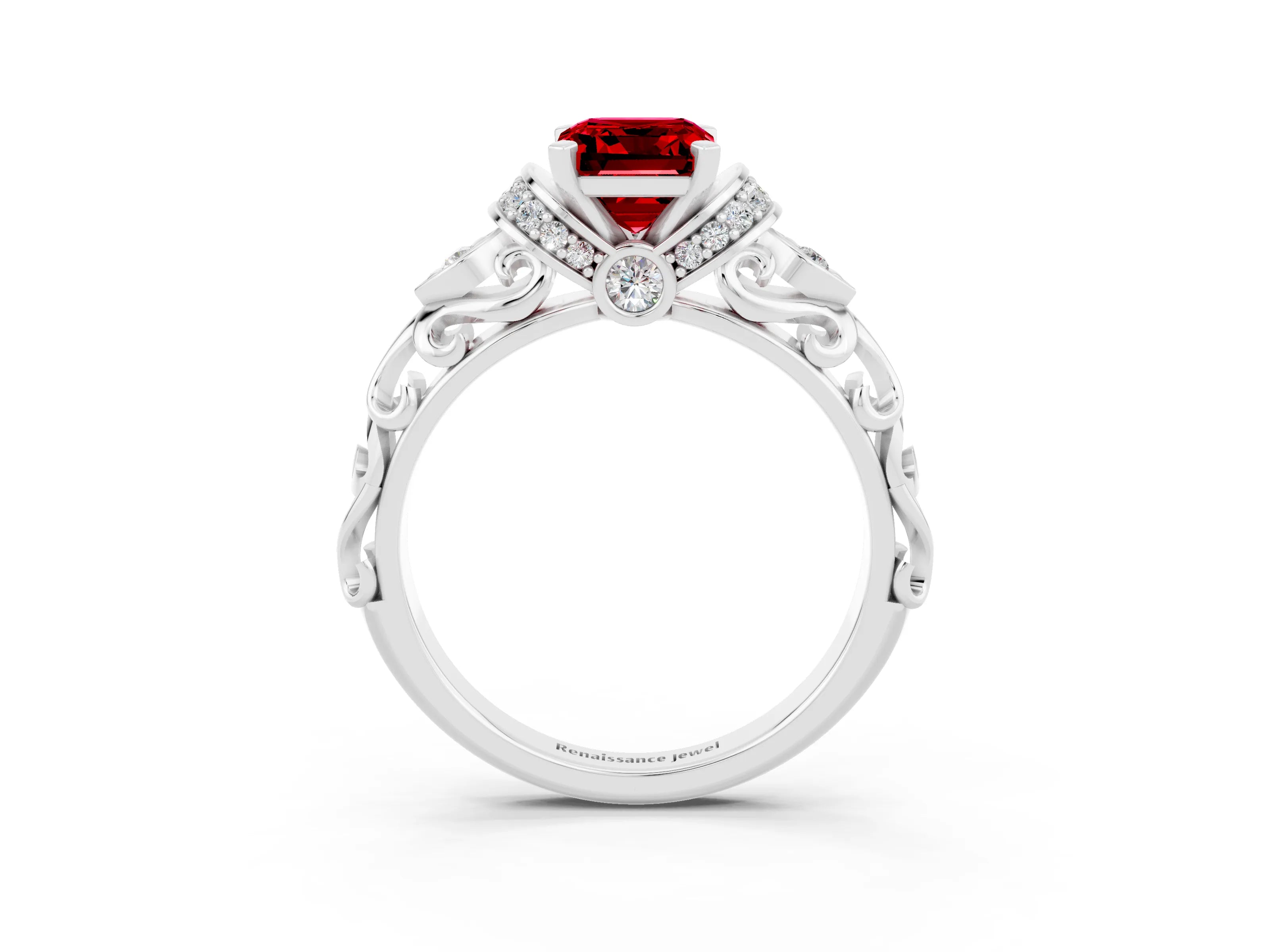 White gold Emerald Cut Ruby Solitaire Ring with Filigree Band and Four-Prong Setting_51