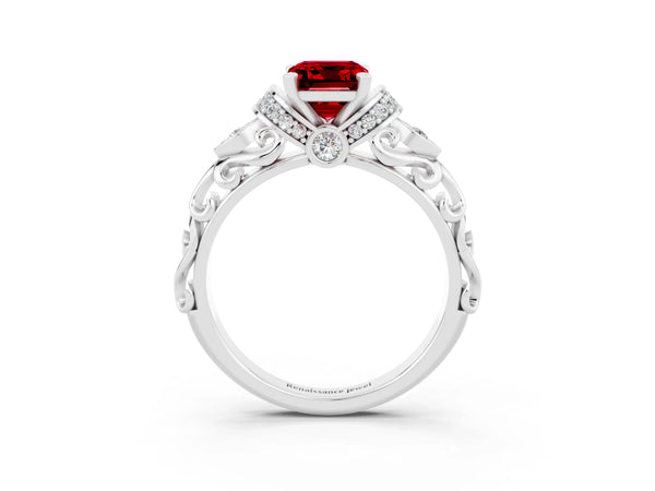 Silver Emerald Cut Ruby Solitaire Ring with Filigree Band and Four-Prong Setting